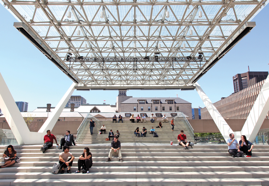 Designed to complement the Modernist style of Viljo Revell’s City Hall, the theatre accommodates large scale performances as well as encouraging casual use as a perch overlooking the plaza. Photo by Steven Evans.