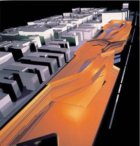 A view of Zaha Hadid’s 2000 competition proposal for the Grande Bibliothèque de Québec in Montreal. Courtesy of Zaha Hadid Architects.