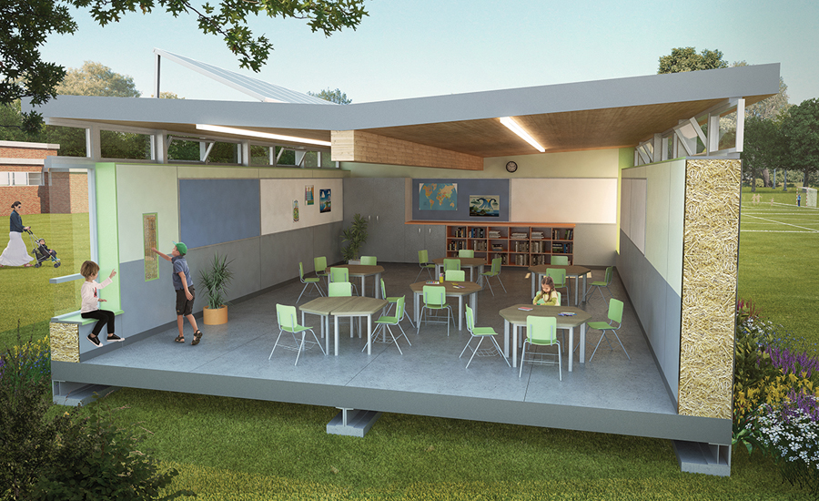 A strawbale eco-portable classroom proposal developed by Workshop Architecture in collaboration with Evolve Builders. Photo by Workshop Architecture