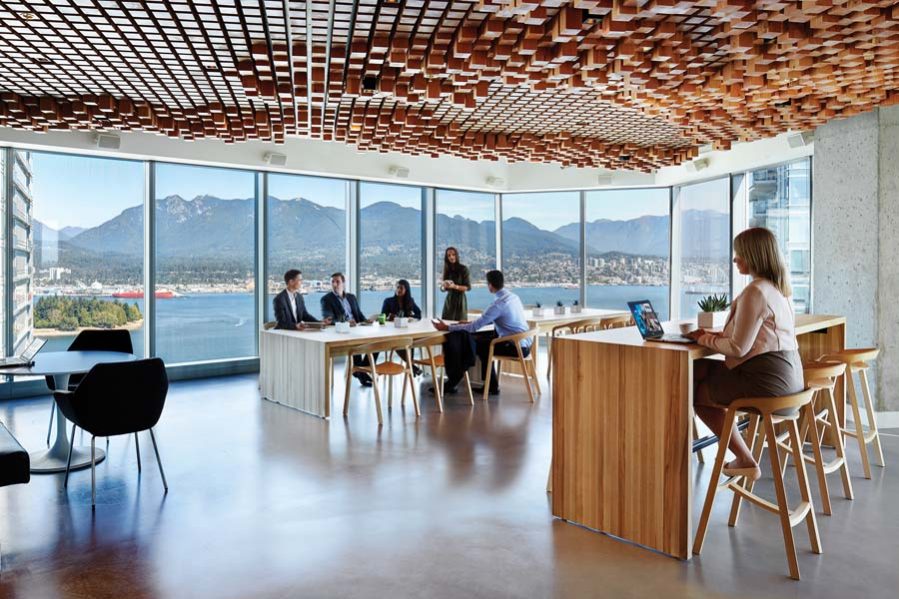 Natural light and views are optimized within CBRE Group’s offices in Vancouver, which were designed by Perkins+Will to adhere to the WELL building standard.