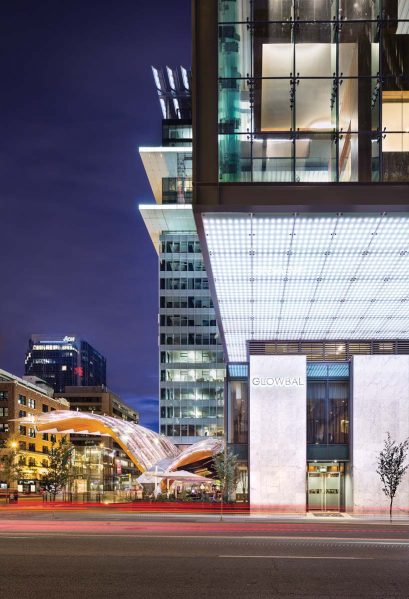 The illuminated underside of a Sky Garden animates the street at night. Photo by Ed White Photographics