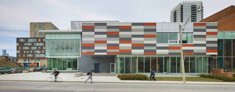 Designed by CS&P Architects, the Regent Park Community Centre and an adjacent school are integral to their neighbourhood. Photo by Shai Gil