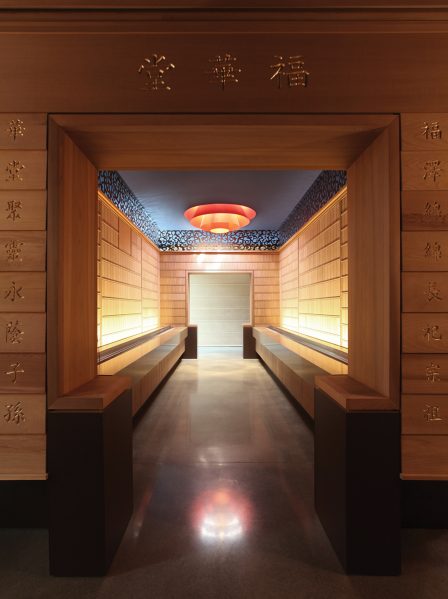 The memorial hall is a bamboo-lined space within the temple, where congregants leave offerings and incense in memory of loved ones.