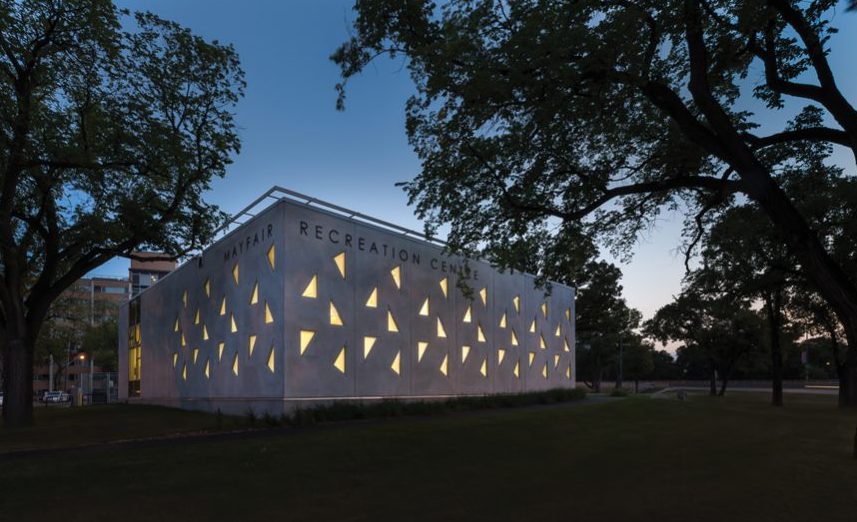 Precast insulated concrete panels are used to create a lively, lantern-like façade on BridgmanCollaborative Architecture’s Mayfair Recreation Centre in Winnipeg