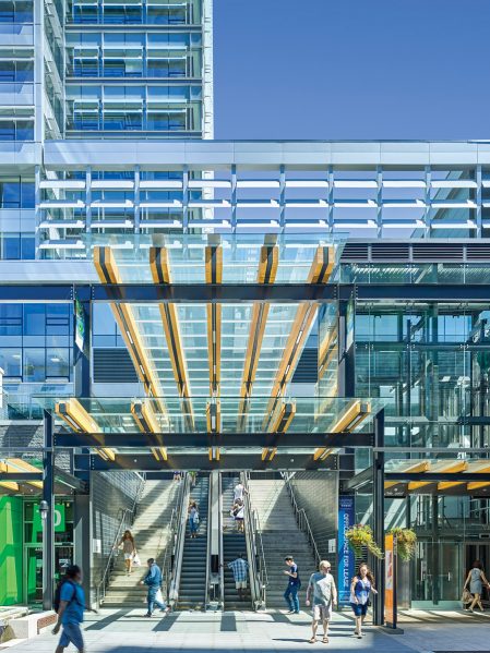 The Skytrain station is accessed from elevators, escalators and stairs that spill into Marine Gateway’s main plaza. Photo: Andrew Latreille