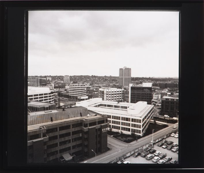 Peter Carter Architect. Hambro Life Centre, 1976-80 (right) and Allied Dunbar Tricenter, 1979-91 (left), Swindon. Photographer unknown. Peter Carter fonds, CCA. ARCH118128. Gift of Peter Carter