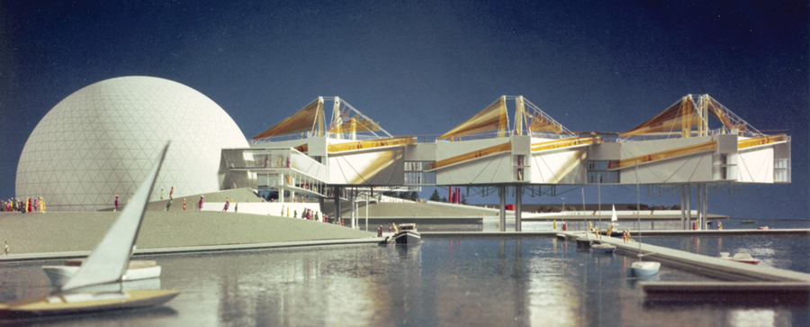 A design model for Ontario Place shows the geometric Cinesphere at left, with the modular Pods suspended above the water at right. The complex was designed by architect Eberhard Zeidler, then of Craig Zeidler Strong. Photo: Zeidler Partnership Architects