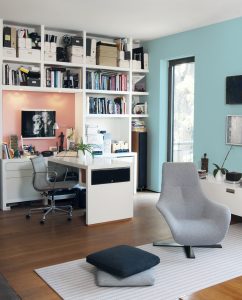Known to stimulate the mind, encourage focus and help increase productivity, blue – such as Dulux Paints’ Bear Run featured on the far wall – is a good choice for a home office.