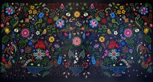 Christi Belcourt, So Much Depends Upon Who Holds the Shovel, 2008, acrylic on canvas, 125 x 248 cm. Collection of Indigenous and Northern Affairs Canada