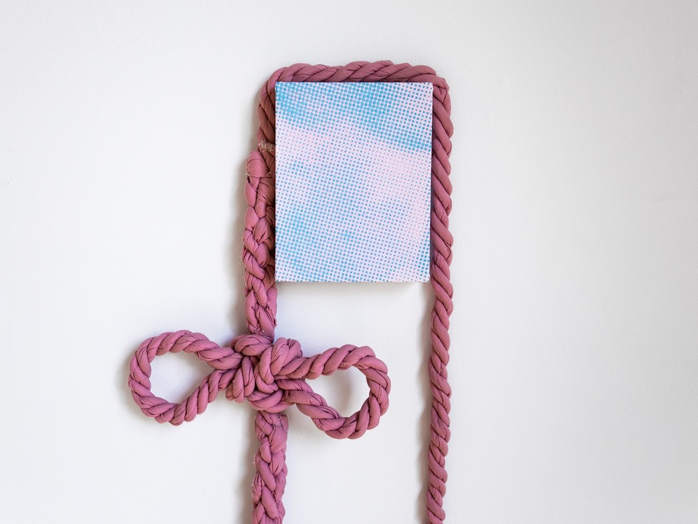 DesignTO, All Bound Up by Sam Loewen - More Pics?, 2018. 7in x 9in, Screen print on cloth with bound bedsheet rope. Photo by Julia Martin.