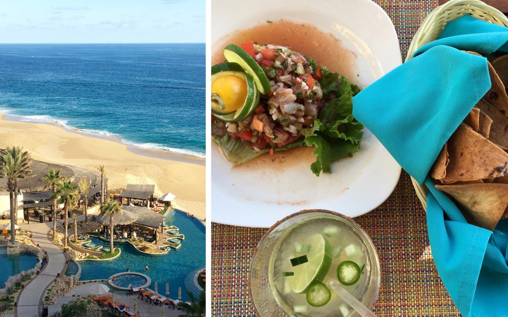 Two images: one of the Grand Solmar Hotel overlooking the Pacific Ocean. The other a plate of Mexican food.