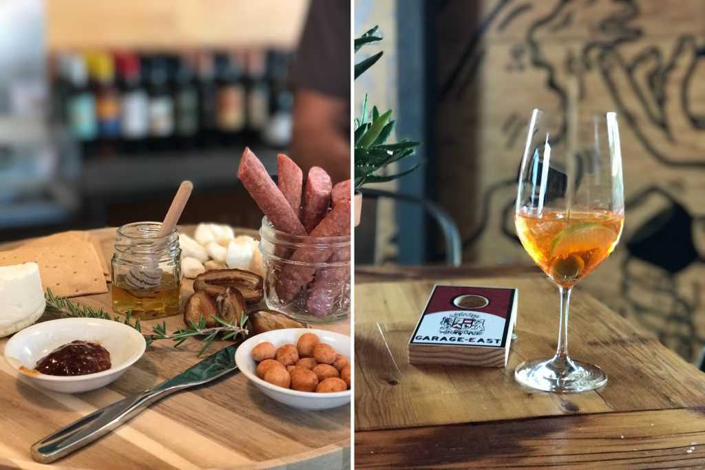 The charcuterie plate at Garage-East (left) will satisfy your sweet and salt tooth. Wash it down with a specially-crafted cocktail (right) or one of the wines produced in-house.