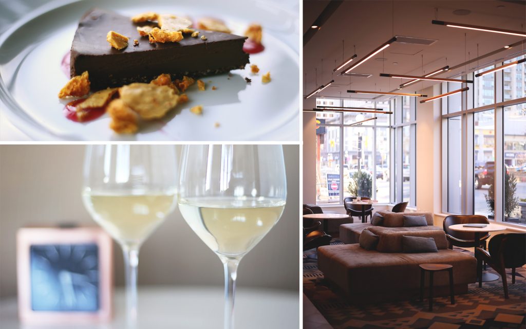 The chocolate tart from feast + revel; the lobby waiting area; welcome wine.