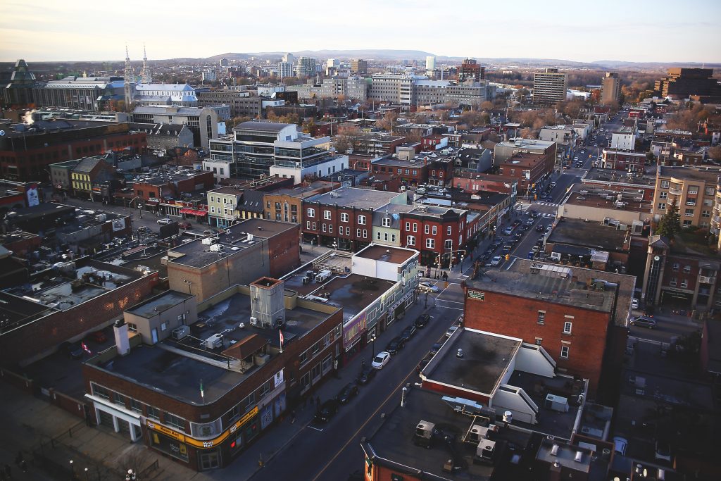 View looking north from a guest room at the Andaz Ottawa toward the Gatineau Hills.