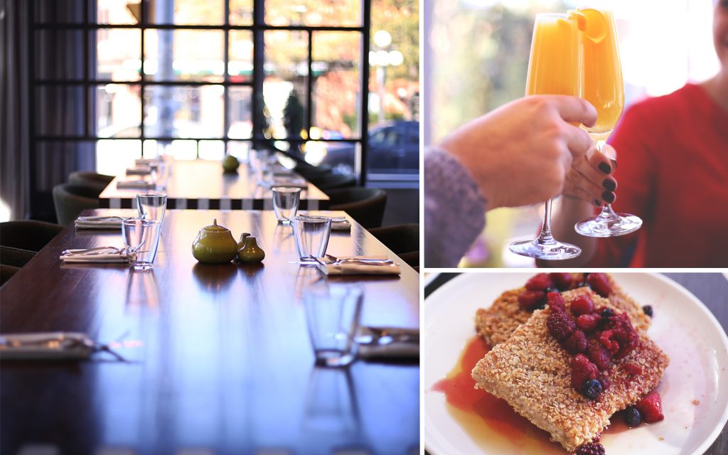 Clockwise from left: A table setting at feast + revel in the Andaz Ottawa ByWard Market, morning mimosas, feast + revel's take on French toast.