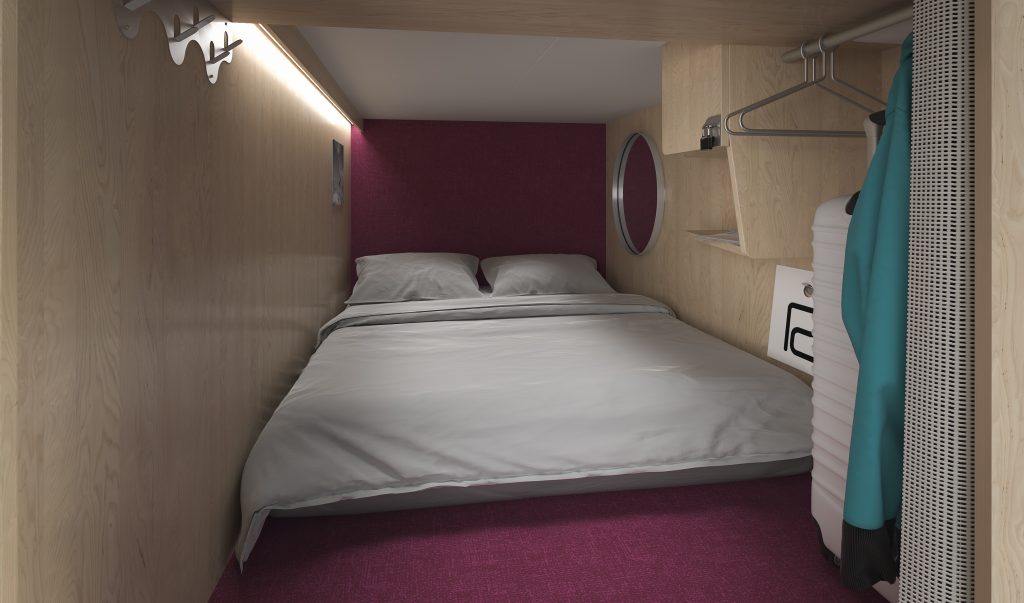 A rendering of the interior of a sleeping pod at the Pangea Pod Hotel.