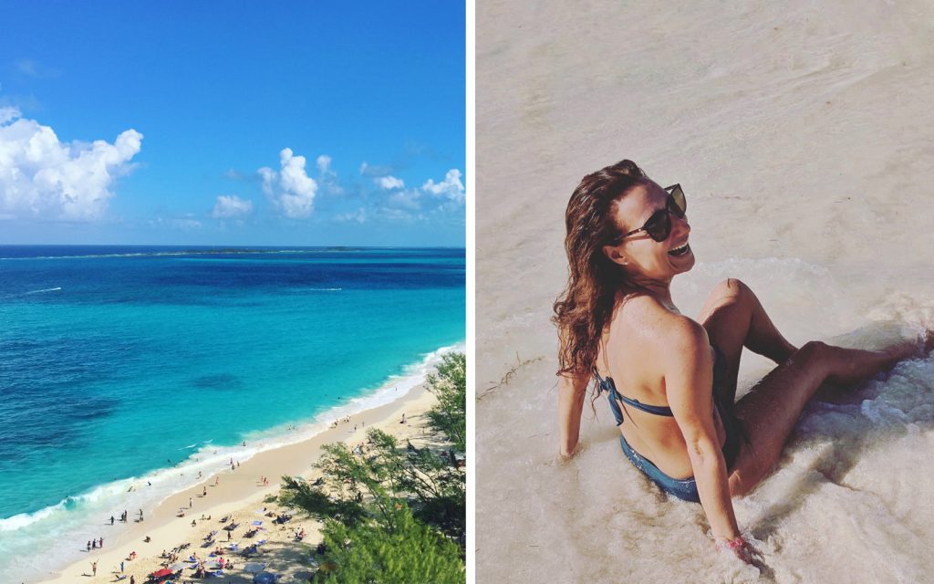 Woman and aerial view of beach at the RIU Palace Paradise Island