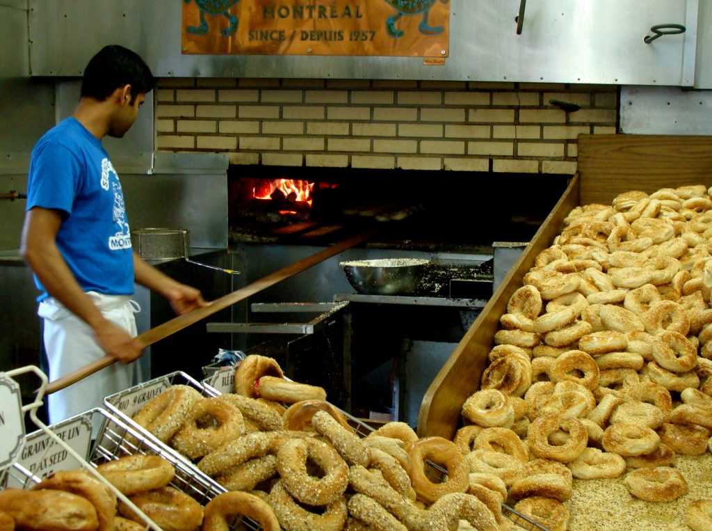 Wood-firing bagels at St-Viateur.
