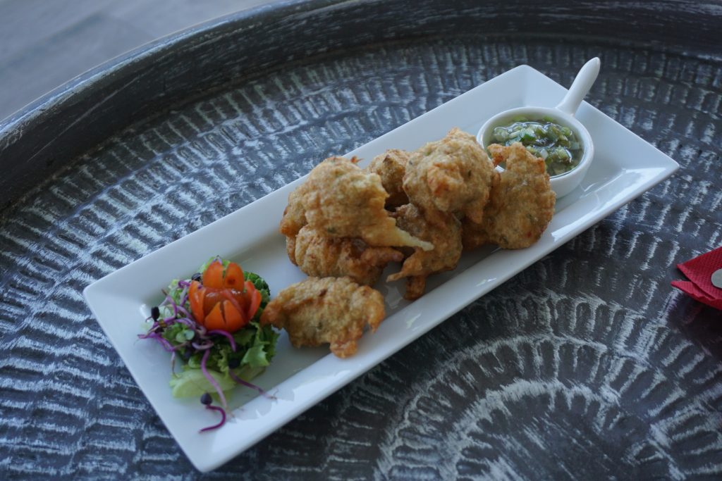 Accras (a.k.a. cod fritters) at Le Mango, the restaurant at Le Relais du Moulin hotel.