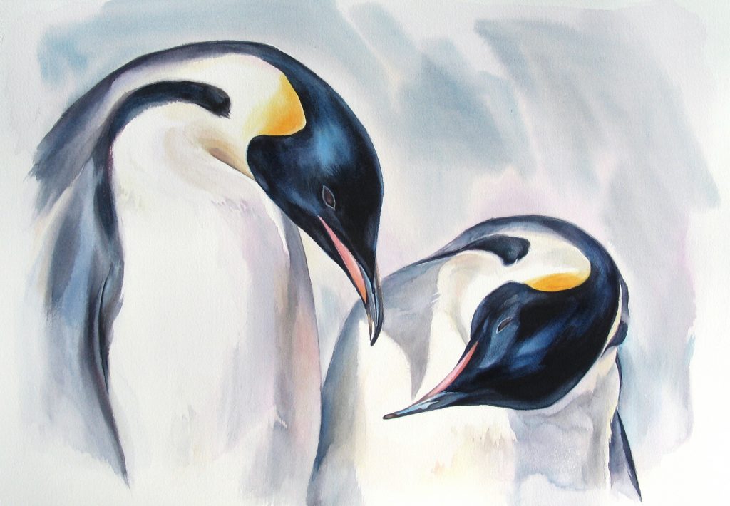 Watercolour painting of two penguins