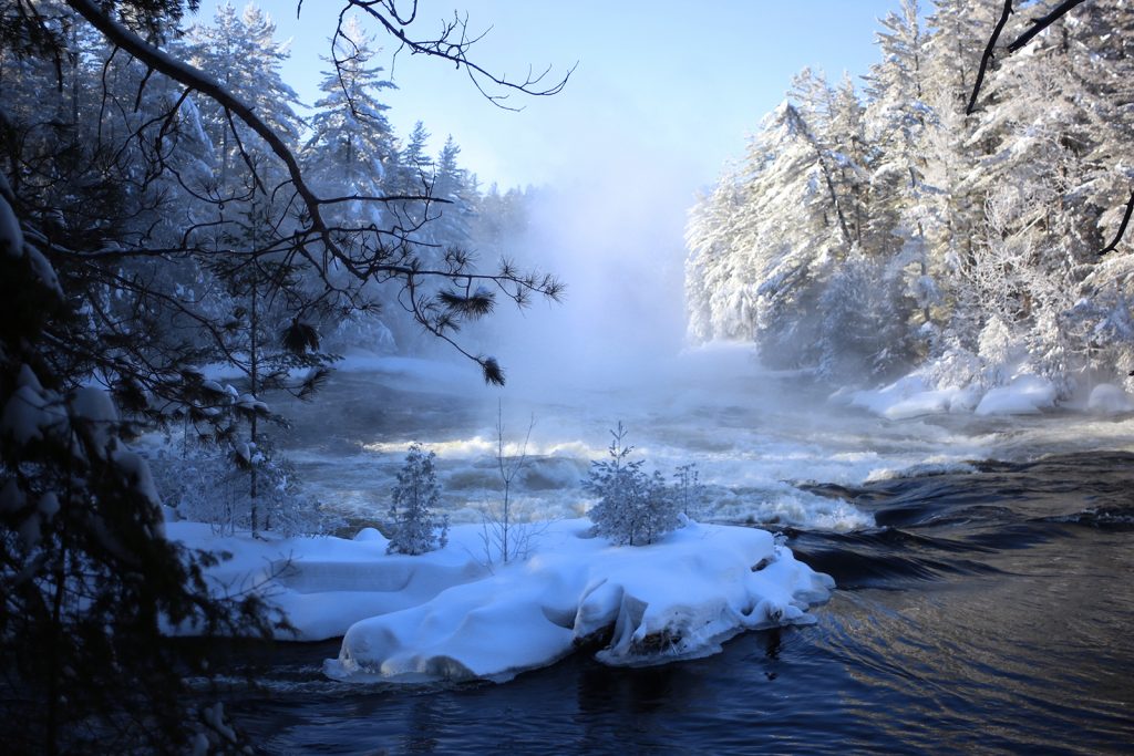 A winter view of icy trees and snow on the Kipawa River from the Grande-Chute Trail.