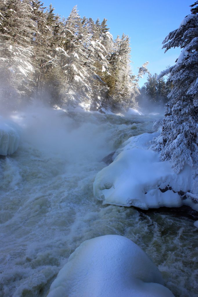 A frozen winter view of the Grande-Chute, a waterfall with a 15-metre drop near the mouth of the Kipawa River
