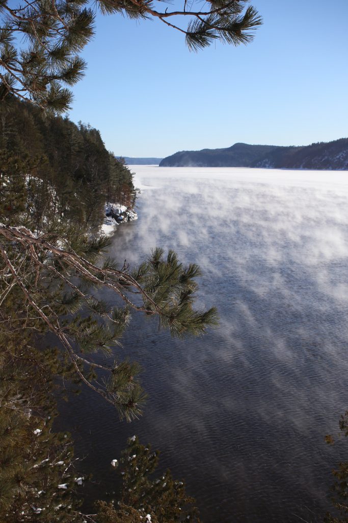 Steam rises from the surface of Lac Temiscamingue as it freezes on a -27 C afternoon.