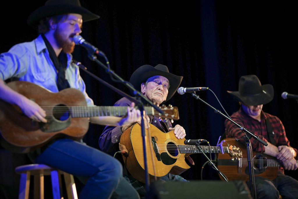 Canadian musicians Colter Wall, Ian Tyson and Corb Lund share the stage during the Gathering’s closing show, entitled Bridging the 49th.