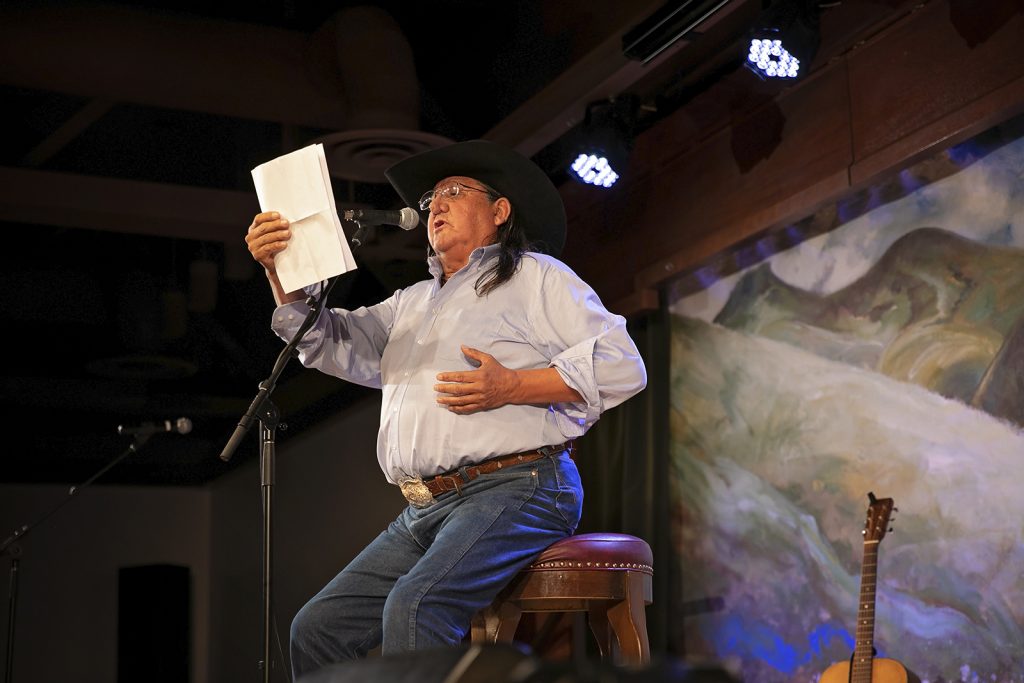 A former Poet Laureate of Montana, Henry Real Bird, performs at the Cowboy Poetry Gathering