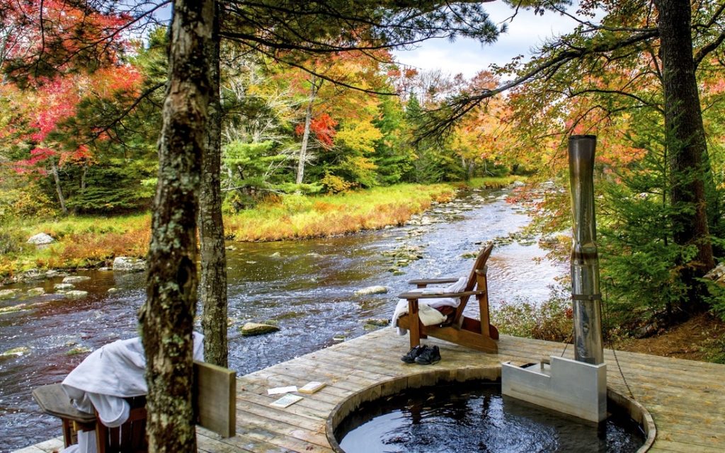 hot tub at trout point lodge overlooking the Tusket River, N.S.