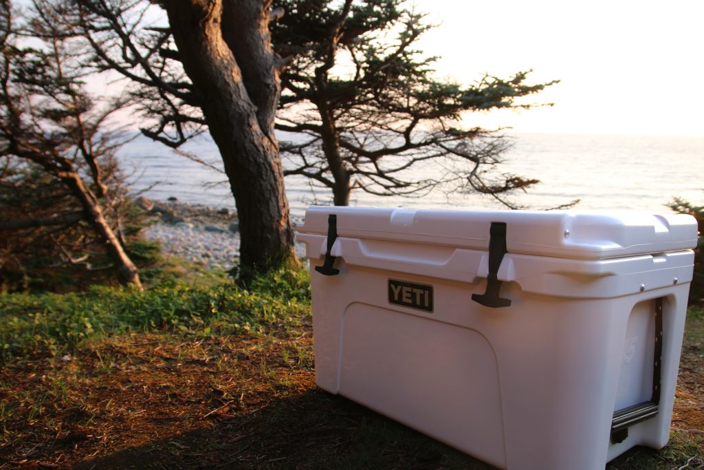 The yeti cooler in front of the shoreline at Gros Morne National Park, N.L.