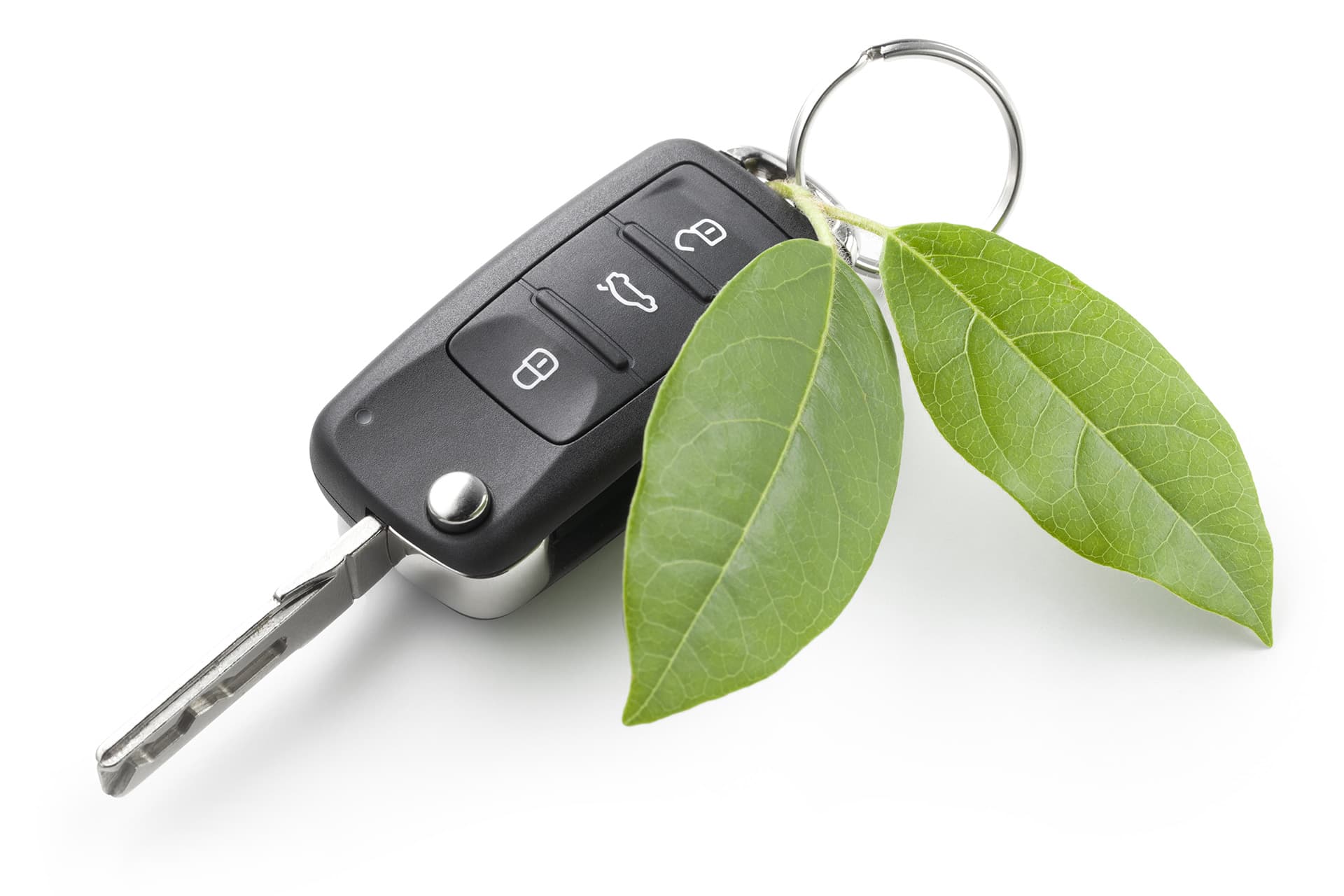 Car key and two green leafs for cars with electric vehicle insurance