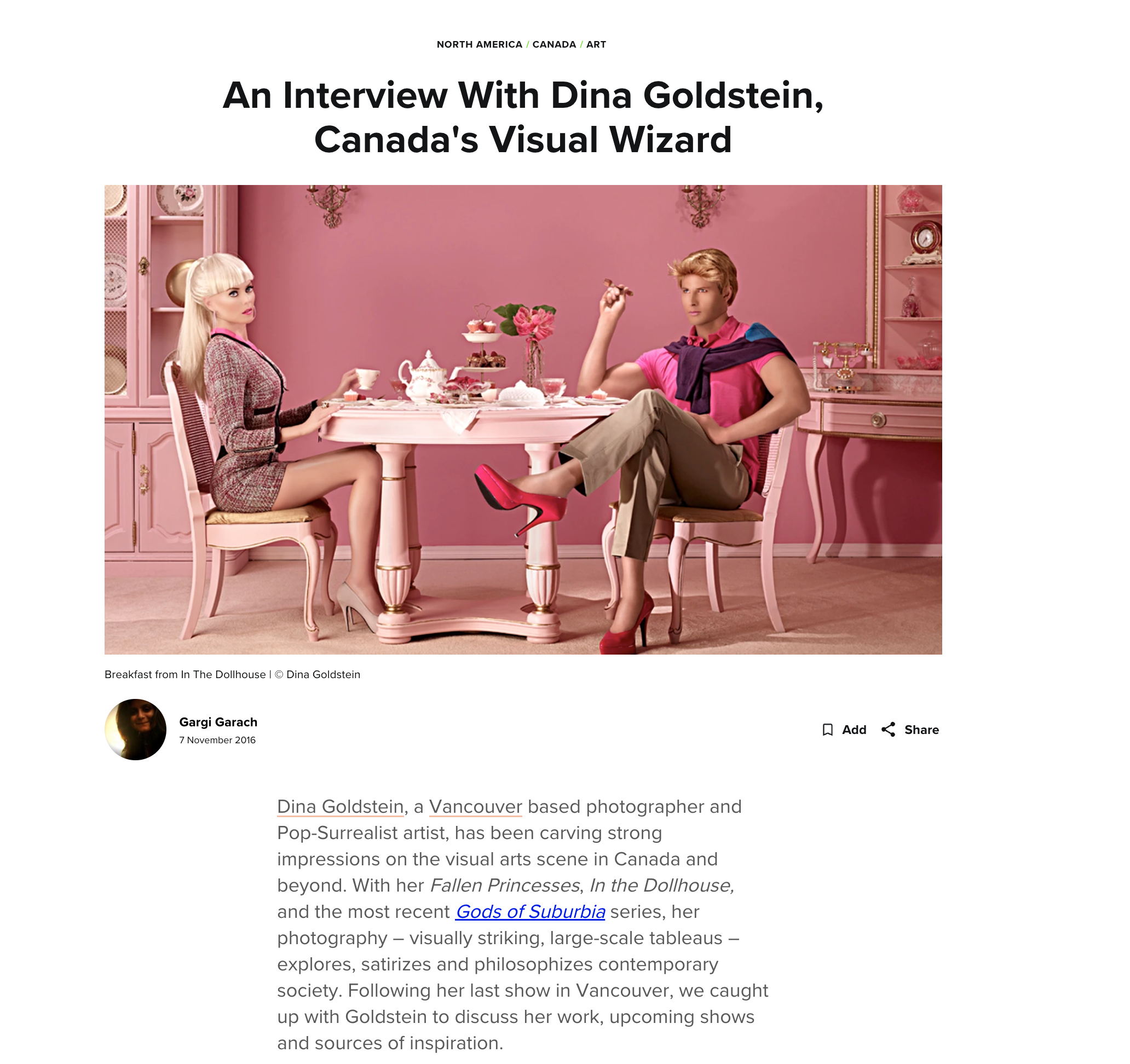 Culture Trip interview with Canada's visual Wizard Artist Dina Goldstein