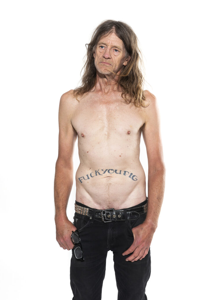 A portrait of The Cretin from the band Dayglo Abortions photographed by Dina Goldstein for a series  named  OG Punk.