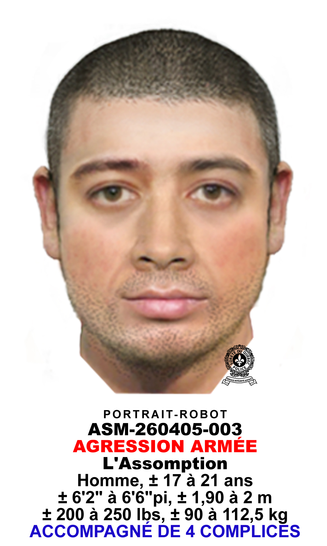 Le suspect aurait +/- 20 ans, mesurerait plus de 6 pieds et pèserait entre 200 à 250 livres.  Photo gracieuseté.