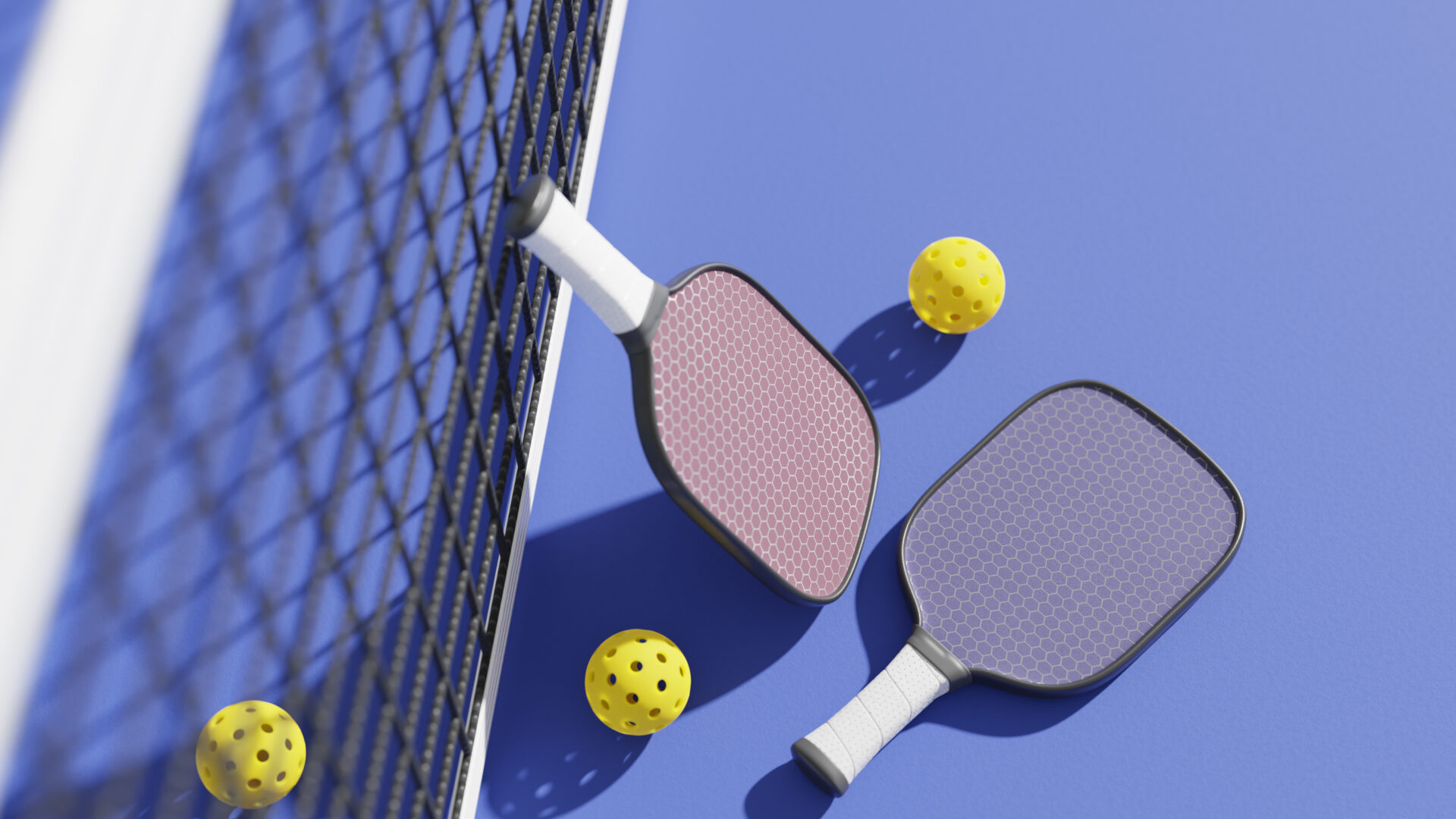 Rackets and balls for playing pickleball at the sports net on the court. 3D rendering