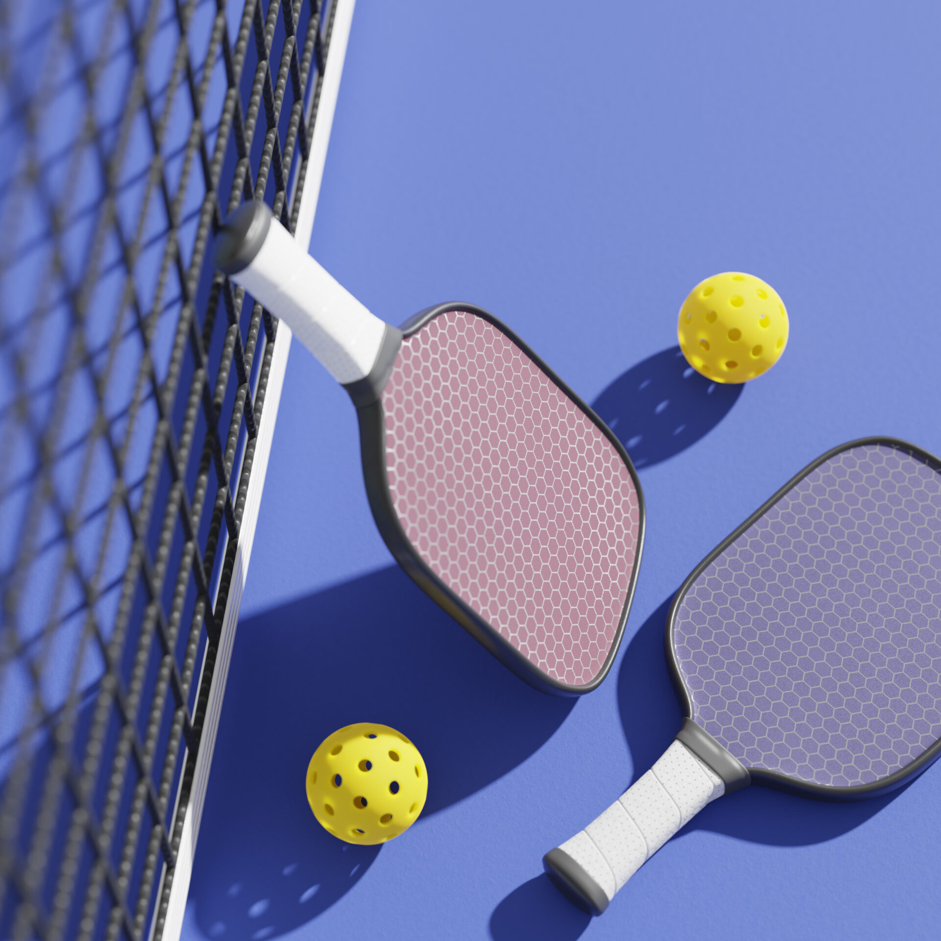 Rackets and balls for playing pickleball at the sports net on the court. 3D rendering
