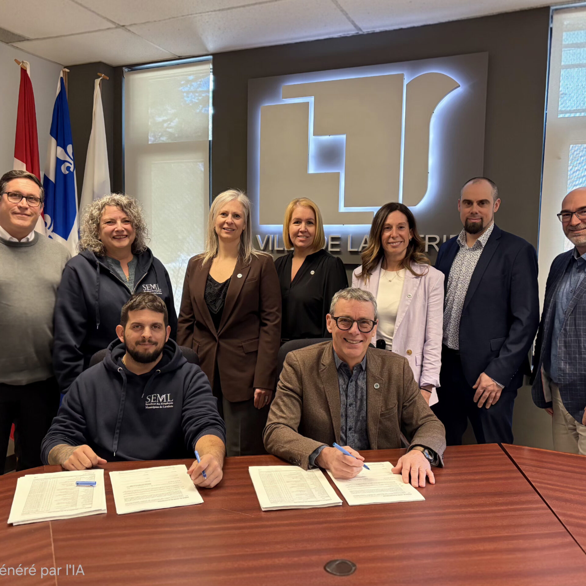 Rangée arrière, de gauche à droite: Luciano Iachino, conseiller syndical, Sophie Hervieux, vice-présidente syndicale, Marie-Pier Villeneuve, conseillère municipale, Marie-Andrée Leclerc, chef de division-ressources humaines, Karine Brousseau, directrice générale adjointe, Sébastien Archambault, négociateur et conseiller en relations de travail de l'UMQ et Marc-Olivier Breault, directeur général. (Photo gracieuseté)