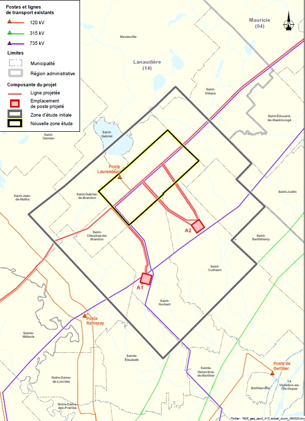 La carte de l’avant-projet mis à jour. La nouvelle zone d’étude apparaît en jaune. L’emplacement A2 a été retiré. (Photo gracieuseté – Hydro-Québec)