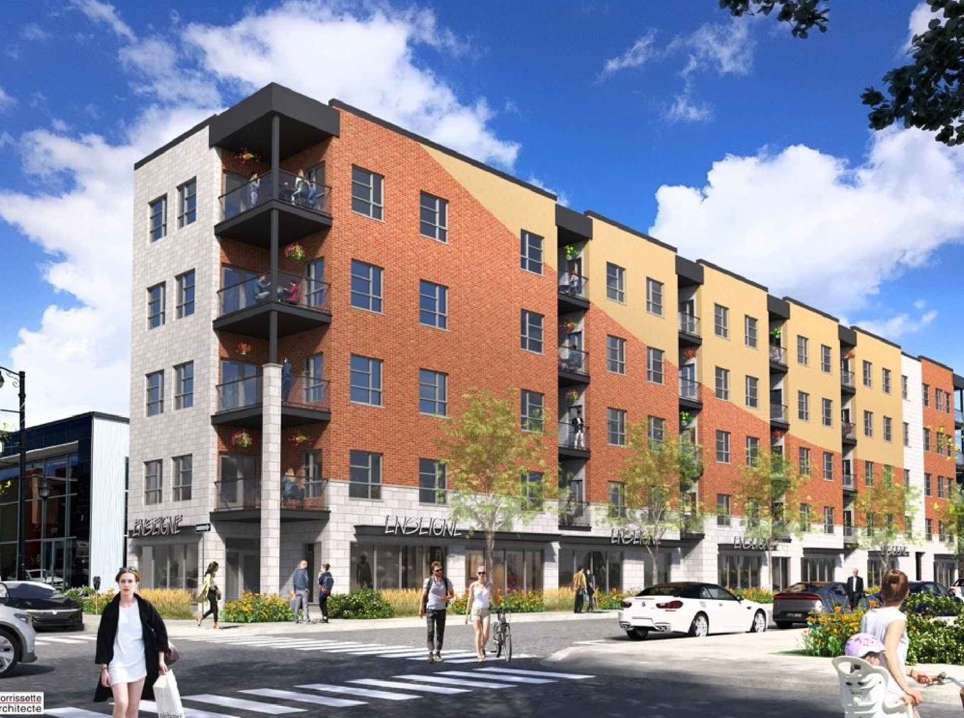L’immeuble à logements de cinq étages sera érigé au 130 rue Lajoie Sud, soit sur le site de l’ancien Sterling Pub. (Photo gracieuseté – Louis Morissette architecte)