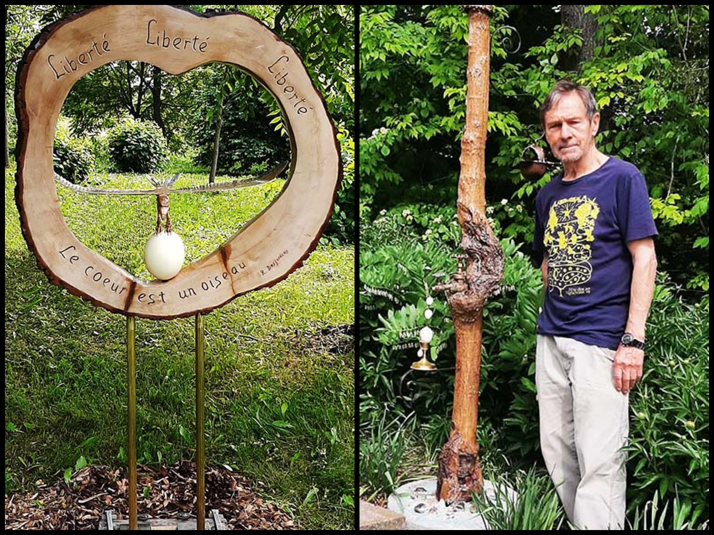 L’artiste et son œuvre « Renaissance de l’arbre » ainsi que l'oeuvre « Le cœur est un oiseau ». (Photos gracieuseté)