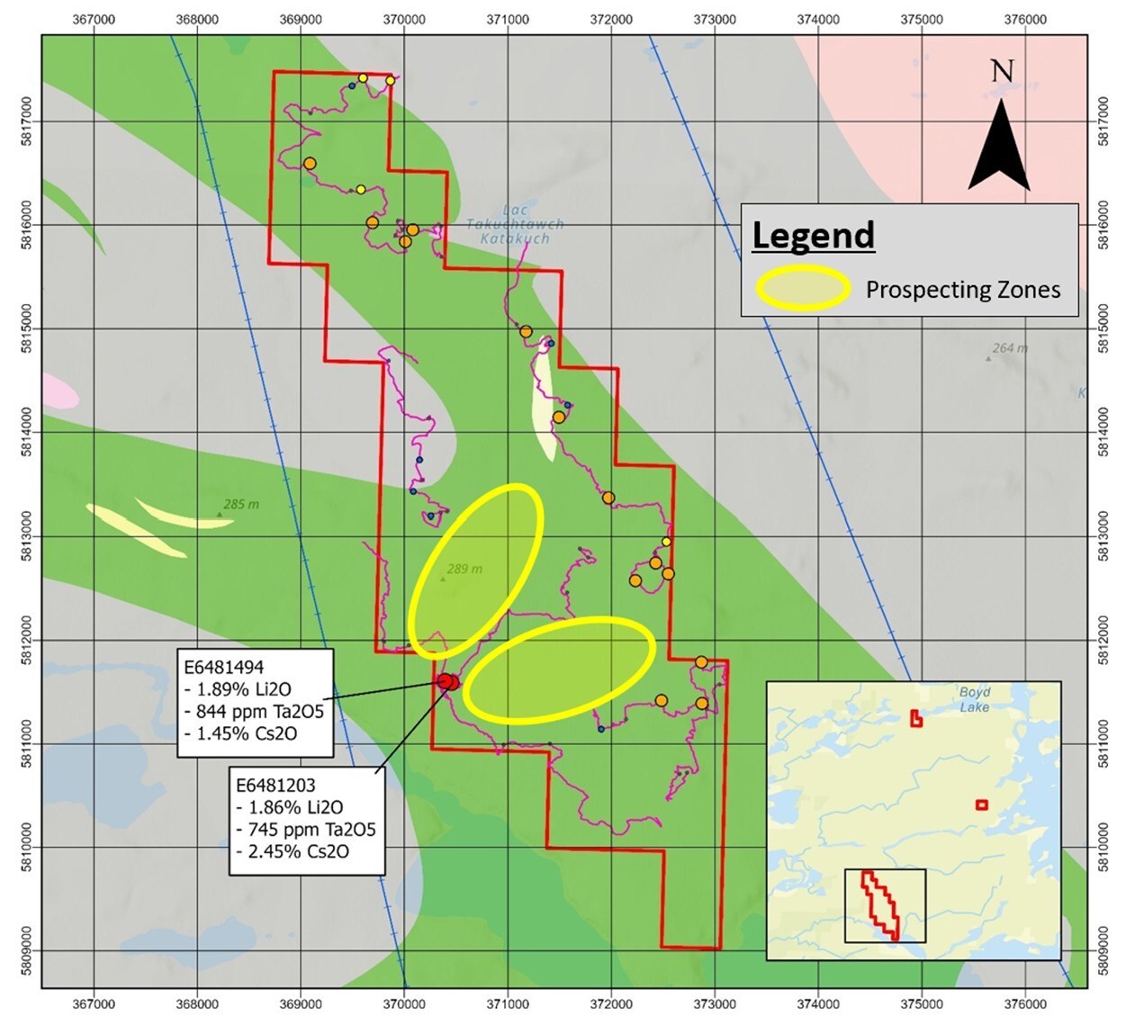 Carte de la propriété Elmer Est où Comet Lithium a identifié deux zones de prospection prioritaires (en jaune) pour le lithium et le césium.

Photo gracieuseté.
