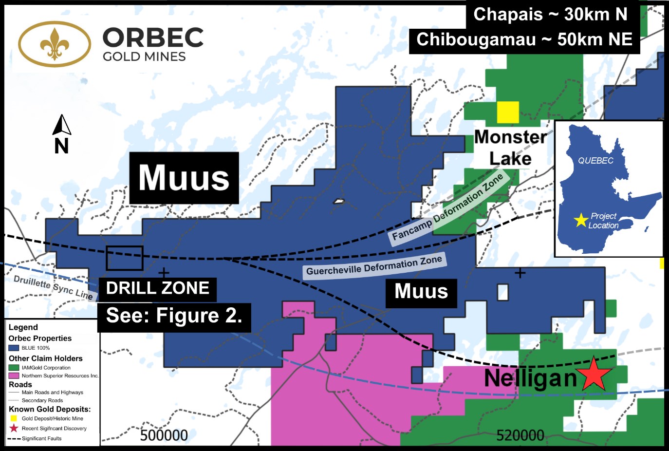 Carte montrant l’emplacement de la propriété Muus et de la zone de forage pour les trous MUUS25-19 et MUUS25-23.

Photo gracieuseté.