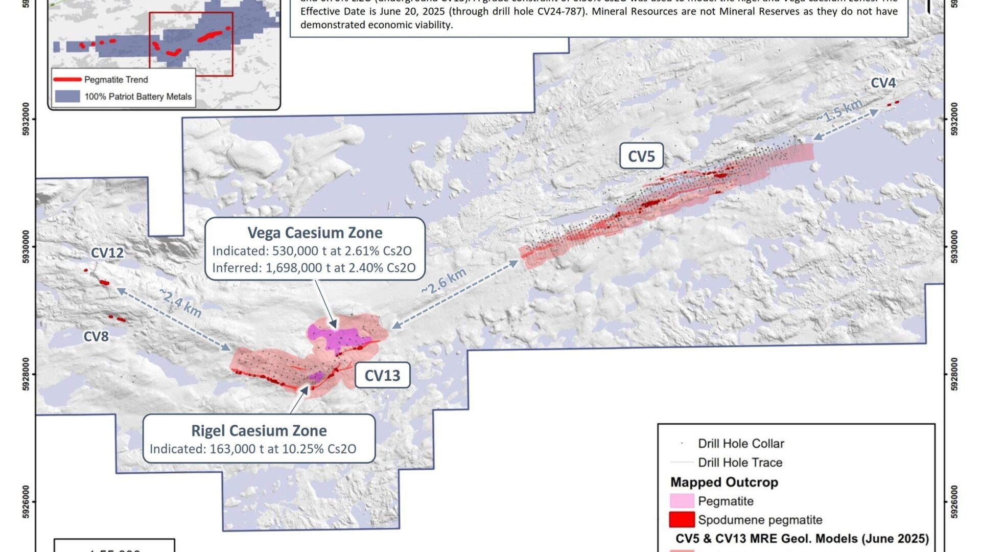 Vue en plan des empreintes des modèles géologiques des zones de césium de Vega et Rigel basés sur une contrainte de teneur en Cs2O de 0,5 % dans le corps plus large de pegmatite CV13. Photo gracieuseté.