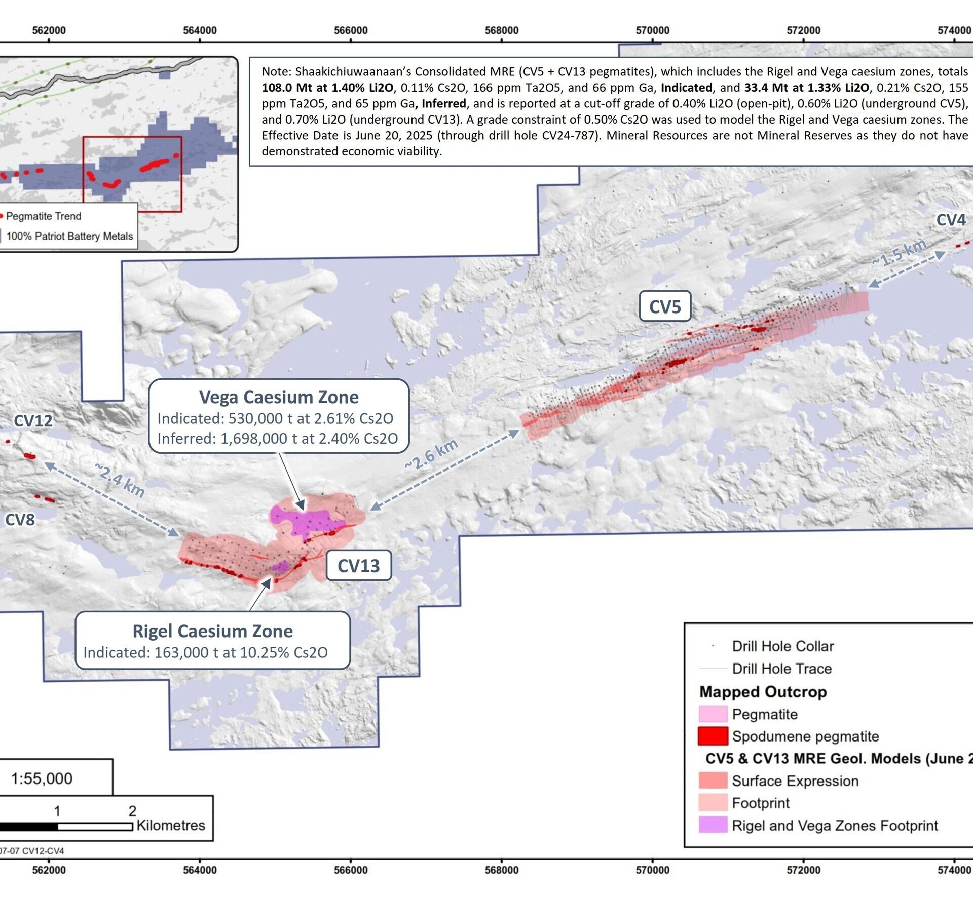 Vue en plan des empreintes des modèles géologiques des zones de césium de Vega et Rigel basés sur une contrainte de teneur en Cs2O de 0,5 % dans le corps plus large de pegmatite CV13. Photo gracieuseté.