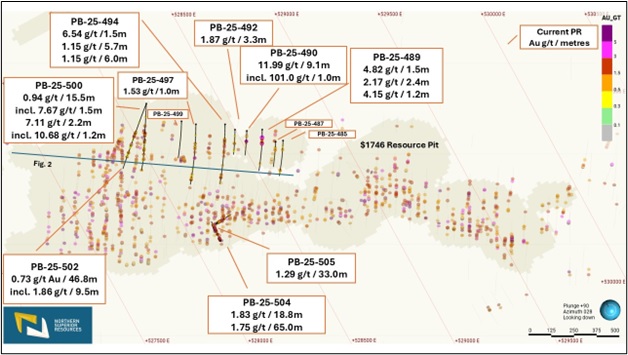 Vue vers le nord-est et vers le bas avec les trous du forage actuel en gras et les valeurs indiquant la teneur composite en Au g/t. 

Image gracieuseté. 