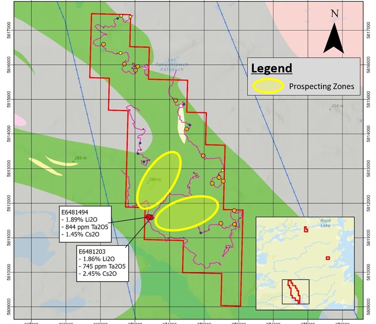 Carte de la propriété Elmer Est où Comet Lithium a identifié deux zones de prospection prioritaires (en jaune) pour le lithium et le césium.

Photo gracieuseté.