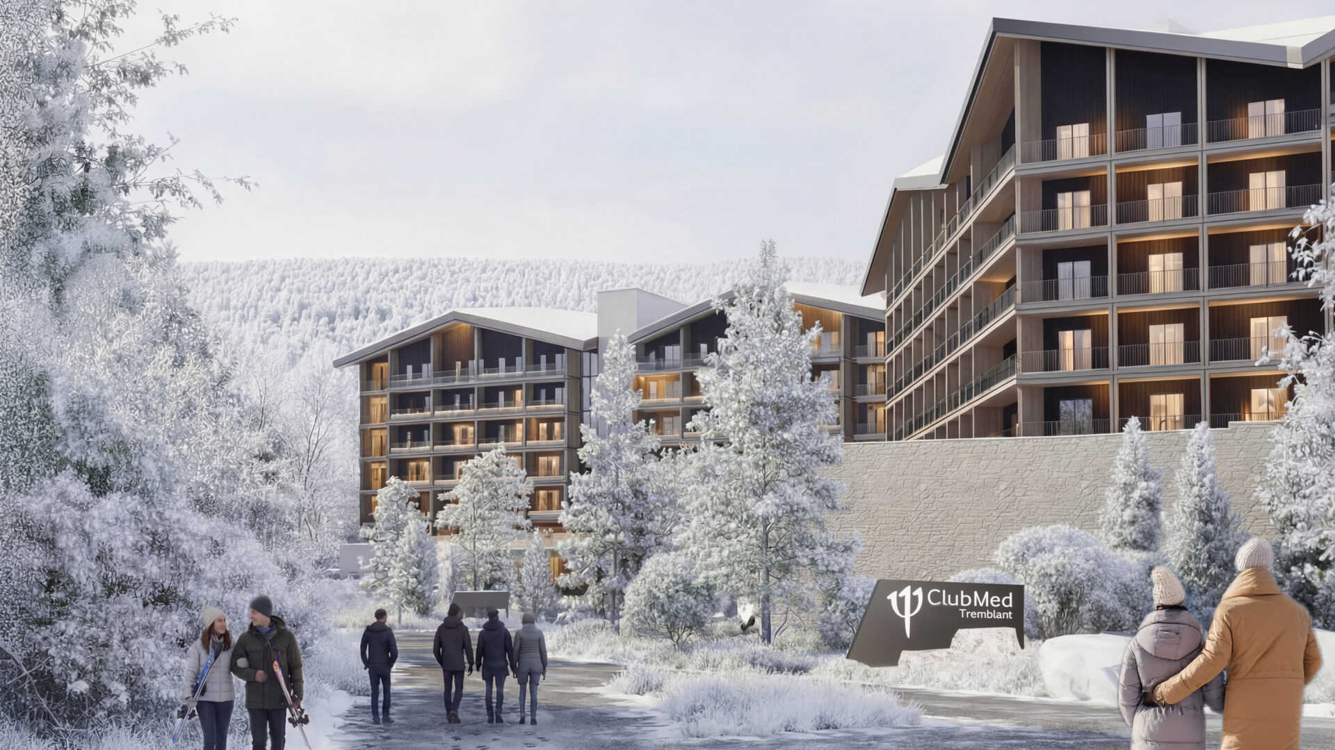 À droite, une perspective du Club Med Tremblant réalisée par MDSL (Menkès Shooner Dagenais LeTourneux) les architectes du projet. Photo gracieusdeté