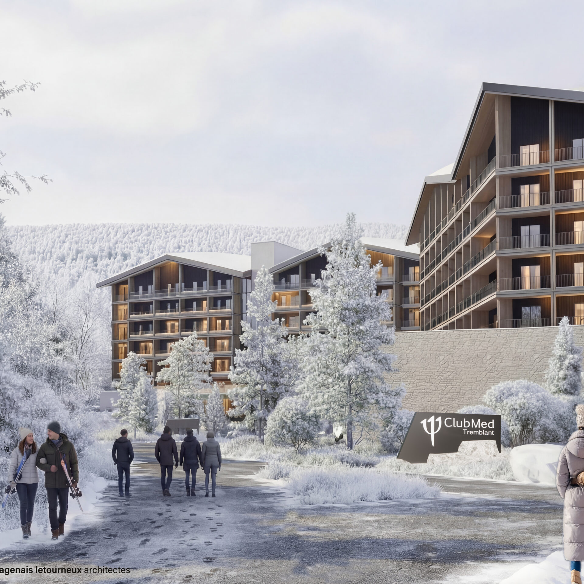 À droite, une perspective du Club Med Tremblant réalisée par MDSL (Menkès Shooner Dagenais LeTourneux) les architectes du projet. Photo gracieusdeté