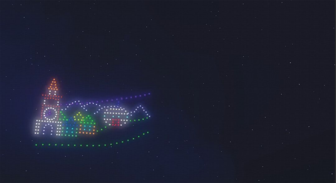 Simulation d’un des tableaux qui sera présenté le 31 décembre, les drones à l’aide de leurs lumières et en se synchronisant arrivent à former des tableaux. 
Photo: Tremblant
